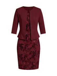 Ellevyn 2pcs/Set Women Sequined Party Dress And Fitted Short Sleeve Jacket Outfit - Burgundy - View 3