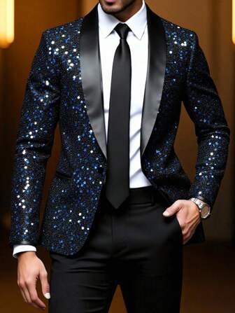 Manfinity AFTRDRK Men's Shawl Collar Long Sleeve Sequined Luxury Prom Blazer For Men Party