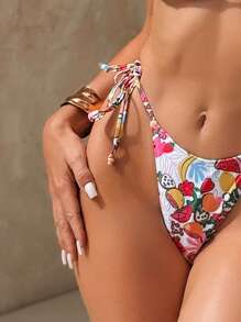 SHEIN Swim Bas de bikini torsadé à imprimé de fruits pour femmes - Blanc - Voir 3