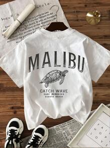 INAWLY Camiseta casual de manga corta, cuello redondo, con estampado de eslogan y tortuga, holgada para mujer