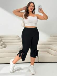 SHEIN EZwear Quần lửng 3/4 dáng suông thắt nơ bên hông dành cho nữ cỡ lớn, thích hợp cho mùa xuân hè và ngày Valentine. - màu đen - Xem 5