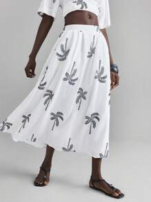 Ontre Women's White Spring And Summer Palm Tree Pattern Casual Skirt, Bohemian Style, Big A-Line Slimming, Oatmeal Color Loose And Comfortable Long Skirt, Party, Vacation, Island Vacation, Island Music Festival, Suitable For Summer - White - View 1