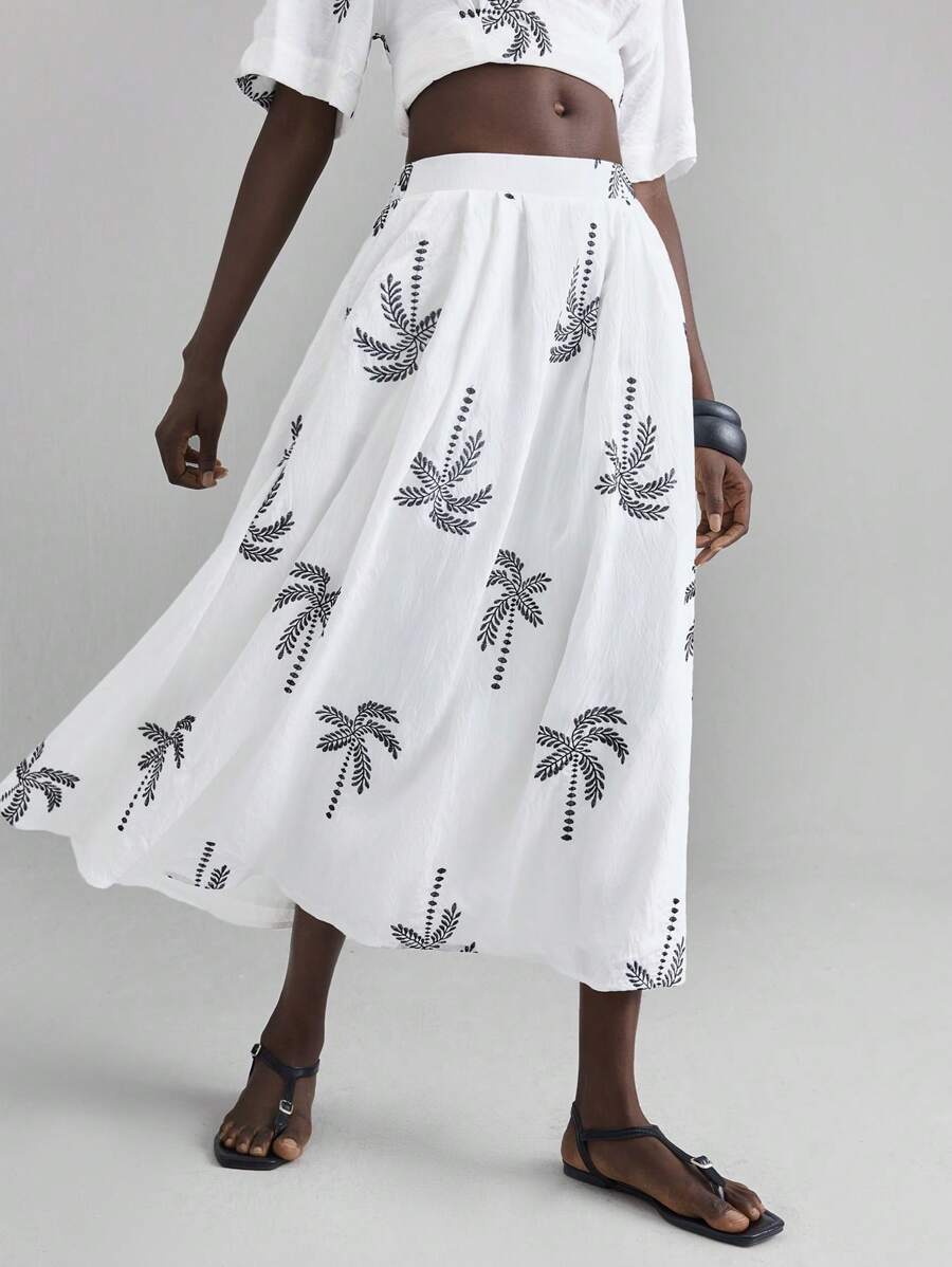 Ontre Women's White Spring And Summer Palm Tree Pattern Casual Skirt, Bohemian Style, Big A-Line Slimming, Oatmeal Color Loose And Comfortable Long Skirt, Party, Vacation, Island Vacation, Island Music Festival, Suitable For Summer - White - View 1