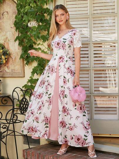 SHEIN Clasi Vestido de mujer con estampado y mangas cortas estilo festivo