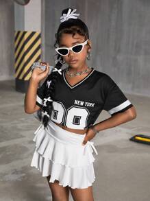 Tween Girls Casual Chic Streetwear Blue T-Shirt With White Number & Letter Print + White Ballet Skirt Set - Blue - View 5