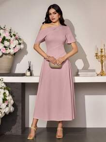 Modelyn Women Asymmetric Hem Waisted Simple Dress, Spring/Summer - Pink - View 4