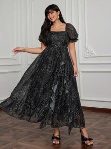 Lyrianda Plus Size Romantic Square Neck Cinched Waist Ruffle Hem Dress