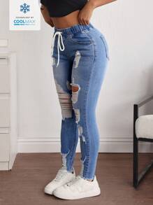 Breezaya Women Drawstring Waist Pockets Ripped Skinny Denim Jeans - Blue - View 4
