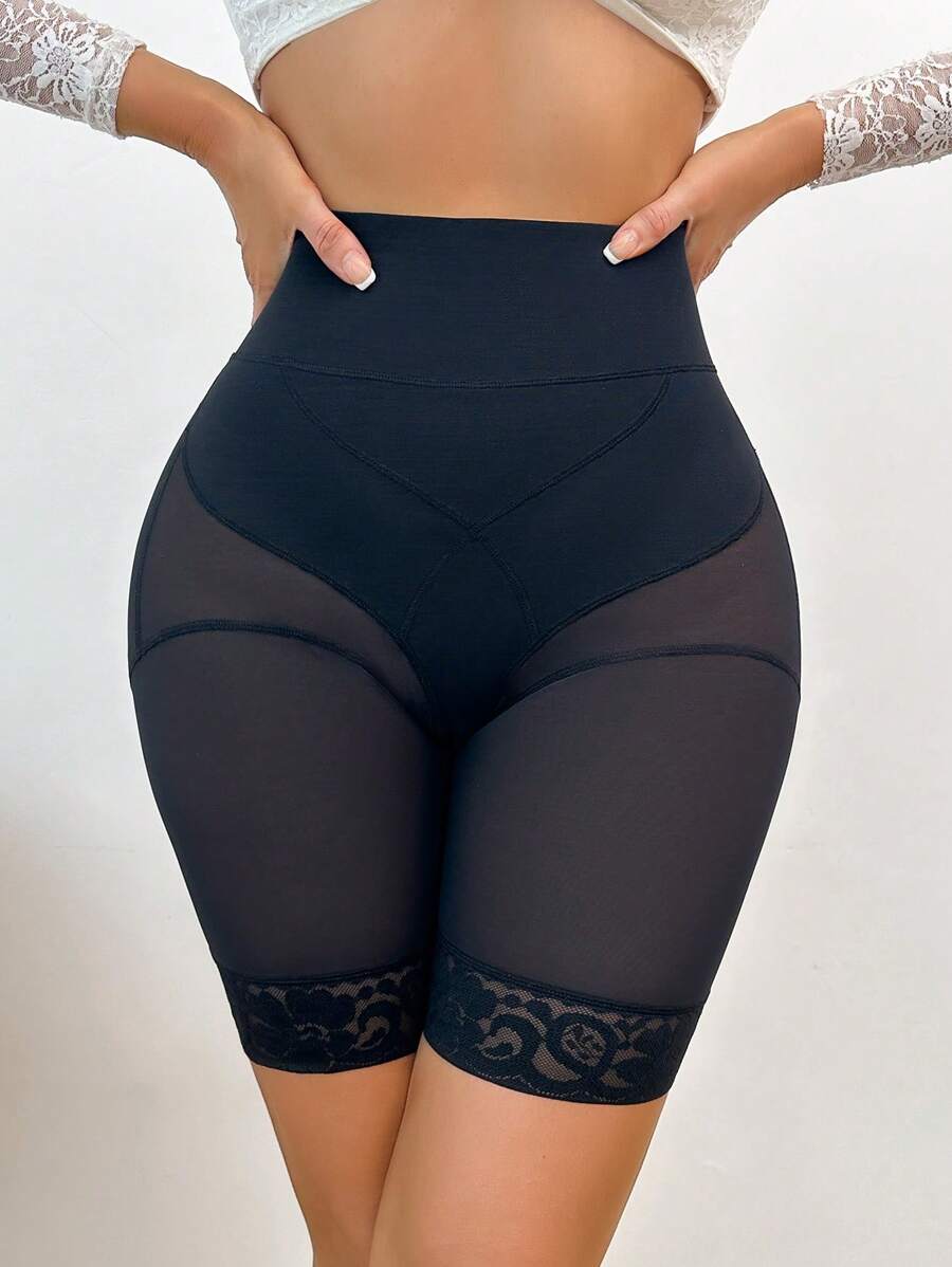 Miss Vinta 1 pieza Pantalones cortos de figura de cintura alta de unicolor con inserto de malla para mujeres - Negro - Ver 1