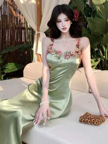 DAZY 女士花卉吊带装饰优雅度假风长裙，波西米亚风女士连衣裙，生日女士休闲连衣裙，女士短裙，夏季女士加大码太阳裙，夏季工作连衣裙，正式女士连衣裙，长款连衣裙 - 綠色 - 查看 5