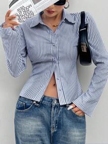 Chiquease 法式修身长袖蓝白条纹优雅通勤衬衫 - 藍色 - 查看 5