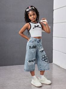 SHEIN 少女时尚休闲Y2K笑脸花朵图案蓝色阔腿七分牛仔裤，适合少女、男孩、男孩、日常穿着以及少女春夏派对、节日和海滩穿着。 - 藍色 - 查看 5