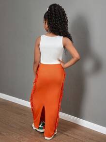 Áo thun nữ mùa hè giải trí kỳ nghỉ cổ khoét hình cây dừa in khẩu hiệu tiếng Anh ở phía trước áo trắng ngắn và chân váy tua rua - trái cam - Xem 3