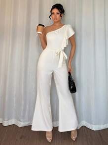 Elenzga 女士优雅通勤日常休闲连体裤，不对称领口荷叶边领口，蝴蝶结领带，喇叭腿，适合夏季工作、休闲和派对场合 - 杏色 - 查看 3