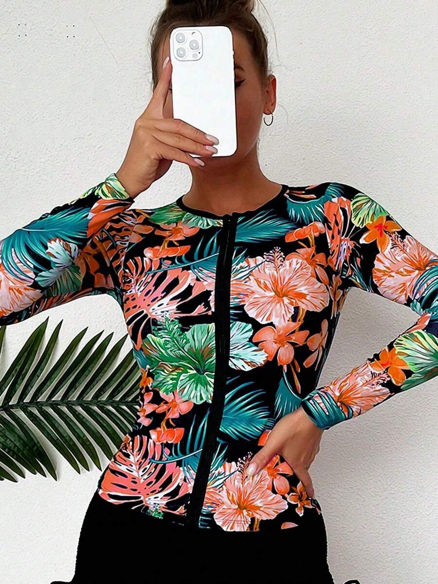 Swim Lushoire 熱帶圖案坦基尼上衣帶長袖 - 黑色 - 查看 1