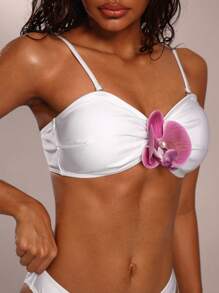 SHEIN Forever 21 Summer Women/Beach/Vacation/Cruise/Flower-Decorated White Bikini Two-Piece Set