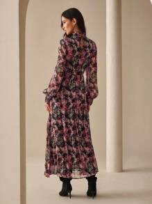 Lilora 女式花卉印花褶边连衣裙，女式长裙，花卉连衣裙，女式长袖连衣裙，时尚外出，都市风格，优雅通勤，适合夏季、春季女士的日常聚会外出 - 彩色 - 查看 2
