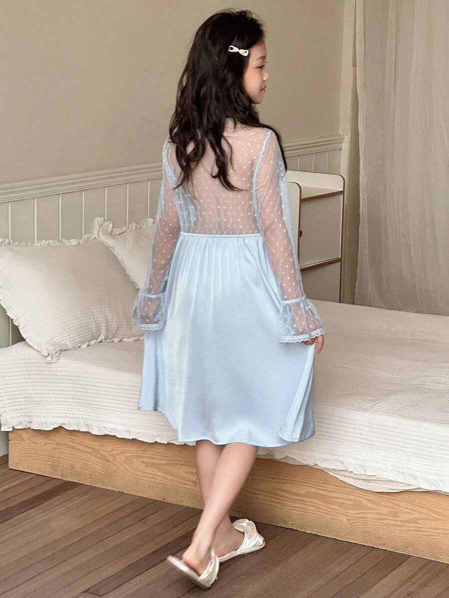 DAZY Tween Girl Patchwork Dot Mesh Flared Sleeve Dress Loungewear - Blue - View 1