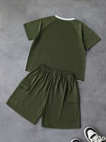 Tween Boy Colorblock Graphic Print Short Sleeve T-Shirt And Elastic Waist Shorts Set - Army Green - View 2