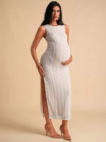 MaterniChic Maternity Lace Scoop Neck Side Split Hem Elegant Dress Baby Shower Maternity Dress Birthday Dresses For Maternity White Dress - White - View 5