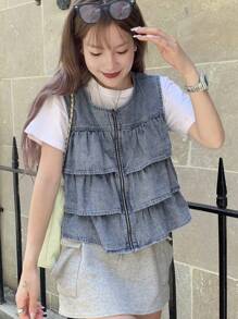 FRIFUL 女士纯色拉链分层无袖休闲牛仔背心女装女士夏季套装夏季服装女士夏季衬衫女士服装 Y2k - 藍色 - 查看 6