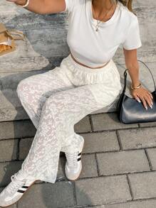 Serisse 女式松紧腰花卉蕾丝直筒优雅裤 - 米色 - 查看 5