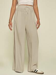 SHEIN Tall Pantalones de pierna ancha con cordón de unicolor casual para mujer primavera/verano, ropa de mujer otoño, mujeres altas - Albaricoque - Ver 8