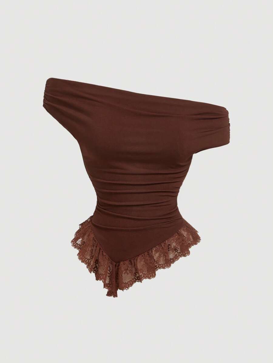 SHEIN MOD Damen gerafftes Off-Shoulder T-Shirt mit asymmetrischem Saum, Pendler-Outfit, Urlaub, Boho, Western, Business Lässig, Country Konzert, Ausgeh-Oberteile