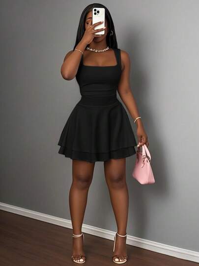 Slaydiva Summer Women Casual Basic Sports Sweet Square Neck Ruched Dual-Layer A-Line Short Dress