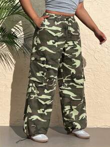 SHEIN EZwear Quần Jeans Cargo In Họa Tiết Rằn Ri Có Dây Rút Cạp Cỡ Lớn Cho Nữ - Màu xanh lam - Xem 5