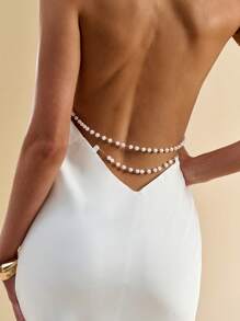 SHEIN BAE 女式夏季纯白色露背珍珠链缀饰优雅长裙/女士夏季服装/毕业礼服/女士白色礼服/舞会礼服/女士婚礼宾客礼服/女士生日礼服 - 白色 - 查看 7