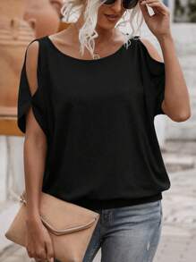 SHEIN PETITE 时尚镂空肩部圆领休闲女士夏季T恤