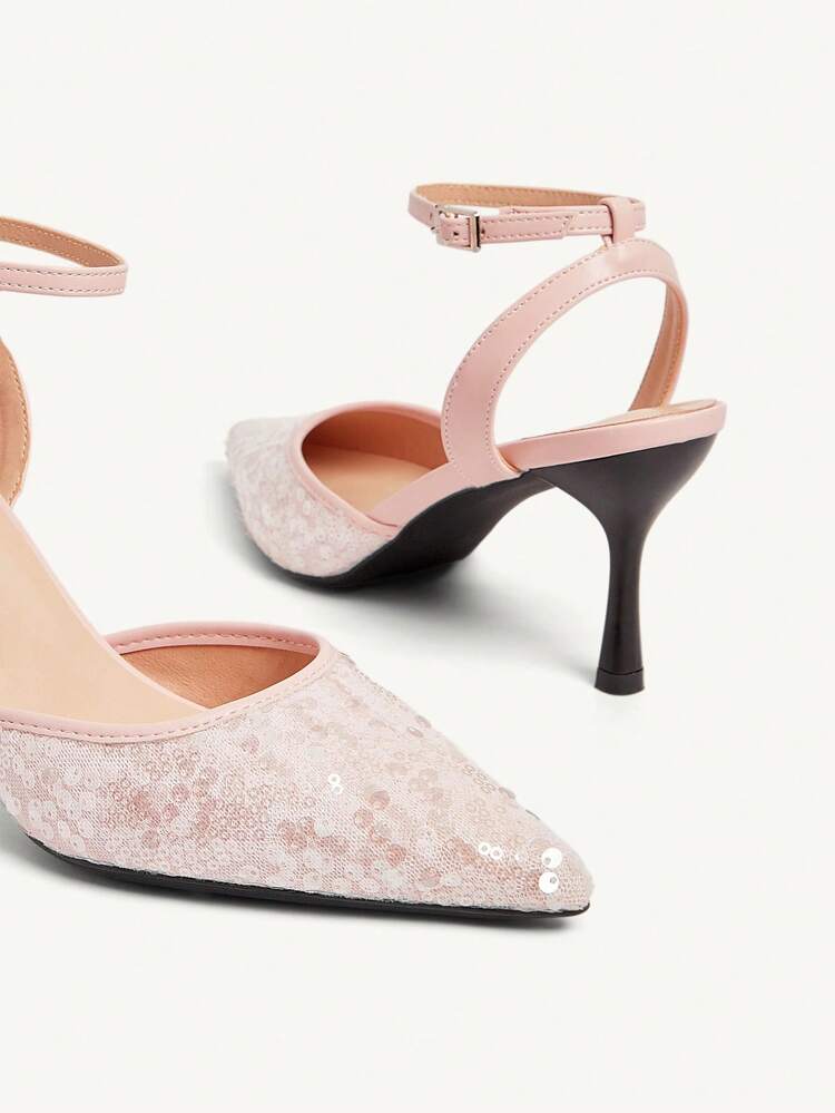 CUCCOO CHICEST Chaussures de fête/mariage/soirée/demoiselle d'honneur pour femmes, à bout pointu, paillettes, talons hauts fins, élégantes et glamour, rose clair, avec bride à la cheville