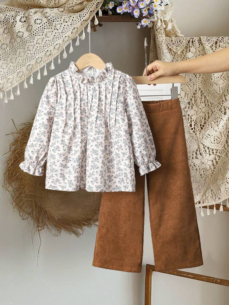 SHEIN Vintaside Kids 2pcs/Set Young Girl Ditsy Floral Frill Mock Neck Ruffle Sleeve Pleated Shirt & Corduroy Wide Leg Loose Pants Set