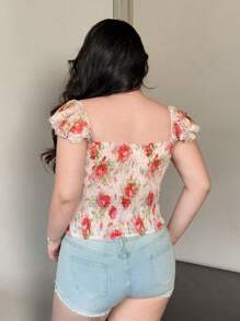 Flirla Blusa casual sexy con cuello en V y ribete de volantes para mujeres de talla grande