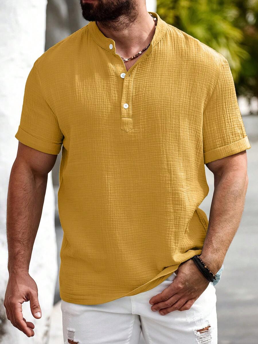 Manfinity Homme Manfinity Nomadique Men's Casual Cotton-Linen Shirt Summer Hengli Collar Men Yellow Shirts Men Casual Tops Henley Shirts Men - Yellow - View 1