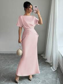 Elenzga 女士优雅缎面礼服，交叉带露背蝴蝶结腰鱼尾下摆，适合办公室、度假、休闲茶会、晚会 - 粉色 - 查看 6