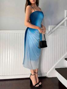 Vestido elegante de mujer con efecto degradado, plisado, ajuste ceñido y tirantes finos - Azul - Ver 5