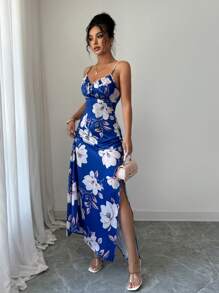 Elenzga 女士优雅迷人浪漫复古休闲舒适音乐节度假无袖细肩带修身花卉印花缎面长裙（随机印花） - 寶藍色 - 查看 4