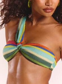 MUSERA Asymmetrical Neck Textured Stripe Bandeau Bikini Top Spring, Summer, Ibiza, Holiday, Cute, Festival, Vacation Beachwear, Beach, Boho