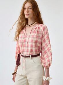 Florisole 女式夏季红棕色格子时尚优雅衬衫