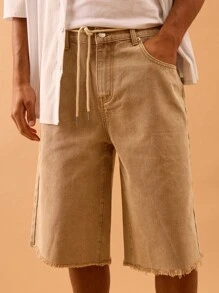 Musero Washed Denim Longline Shorts Distressed Style Button Fastening Belt Loophole Detailing Summer Spring Holiday Vacation - Beige - View 5