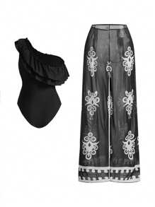 Swim Oasis Oasis Women 1-Piece/2 Pieces Ruffled Shoulder Positioned Print Swimsuit For Summer Beach Vacation - Black and White - View 2