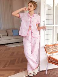 SHEIN Pink & White Stripe Bow Decor Casual Women Pajama Set