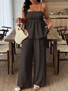 Weeklong 2pcs Plus Size Women Summer Solid Ruffle Hem Camisole And Pants Set