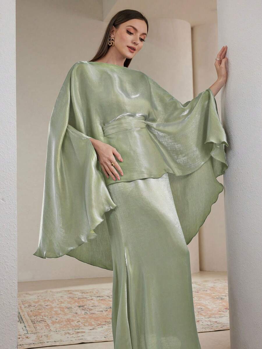 Veilorie 两件套优雅女士纯色蝙蝠袖上衣和裙子套装 - 綠色 - 查看 1