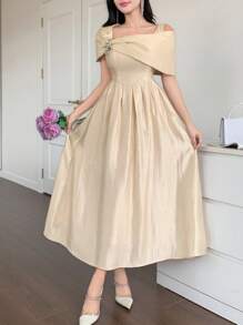 DAZY 女士优雅纯色露肩中长连衣裙，夏季，正式女士连衣裙 - 杏色 - 查看 4