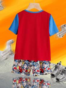 Astro Boy X SHEIN 男童两件套卡通图案红蓝休闲百搭短袖T恤和宽松短裤套装