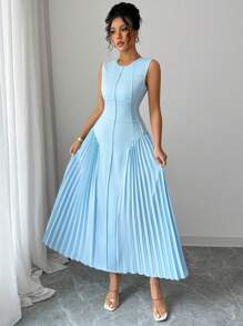 Rafferiza Women's Spring/Summer Minimalist Design Mock Neck Sleeveless Pleated Hem Maxi Knit Dress - Blue - View 6