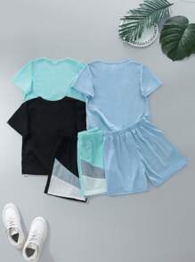 Genkimix Kids 6件套幼儿男童休闲运动学院风别致可爱三色字母印花短袖T恤+短裤套装，适合日常穿着、上学、外出、体育活动、春夏季节。这款百搭的服装组合为小男孩提供了多种造型选择，设计简约而时尚，舒适又时尚。 - 彩色 - 查看 3